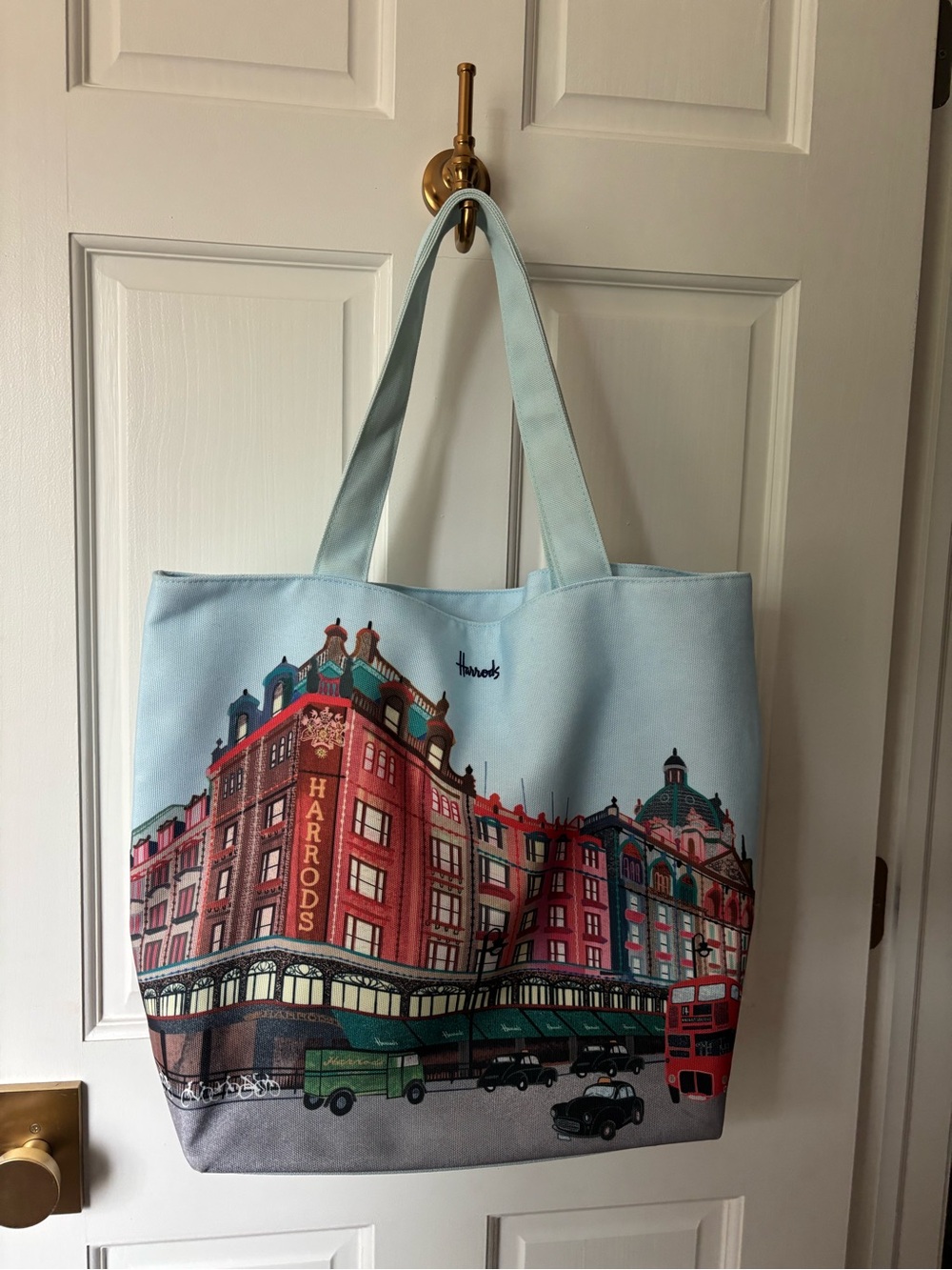 Harrods Illustrated Canvas Tote in Light Blue and Red